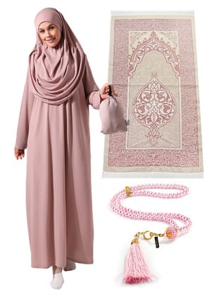 Tek Parça Namaz Elbisesi - Seccade - Tesbih - İbadet Seti Gül Kurusu Gül Kurusu