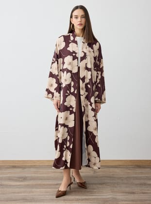 Kahverengi Büyük Çiçek Desenli Kimono - Refka - Exclusive