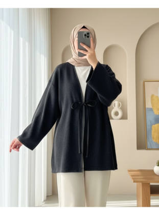 Önü Bağlamalı Deri Detaylı Salaş Kimono  -Antrasit