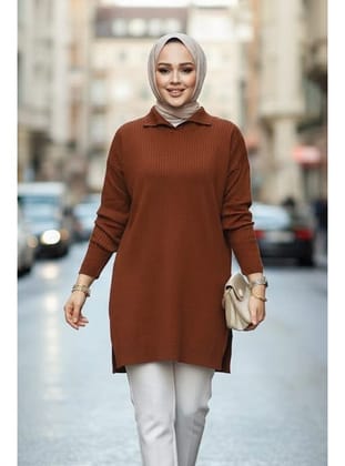 Fitilli Kahverengi Tesettür Triko Tunik 65903KH