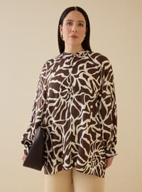 Kahverengi Ekru Desenli Büyük Beden Tunik Alia