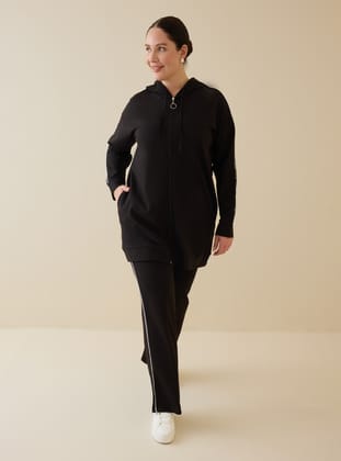 Büyük Beden Biye Detaylı Kapüşonlu Sweatshirt&Pantolon İkili Takım - Siyah - Alia
