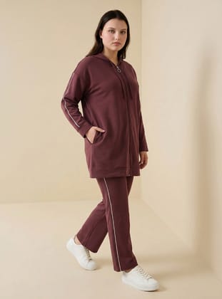 Büyük Beden Biye Detaylı Kapüşonlu Sweatshirt&Pantolon İkili Takım - Kızıl Kahve - Alia