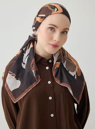 Kahverengi Soyut Desenli Soft Eşarp - Tuva