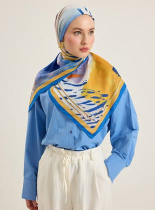 Mavi Sarı Desenli Soft Eşarp - Tuva