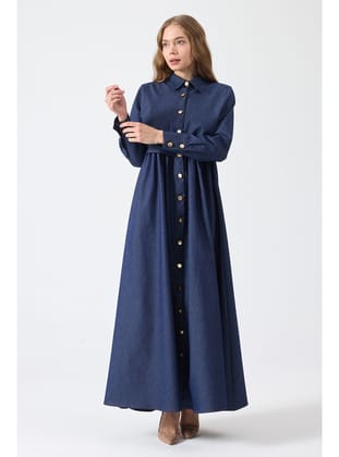 Önü Düğmeli Denim Elbise - Mavi