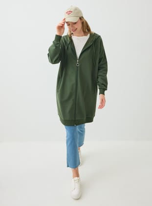 Basic Fermuarlı Kapüşonlu Sweatshirt - Haki - Benin