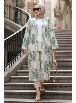 Desenli Yeşil Tesettür Kimono 32121Y