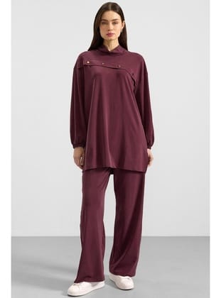 Metal Aksesuarlı Premium Kumaş Sweat Pantolon Takım BORDO 9404-TK