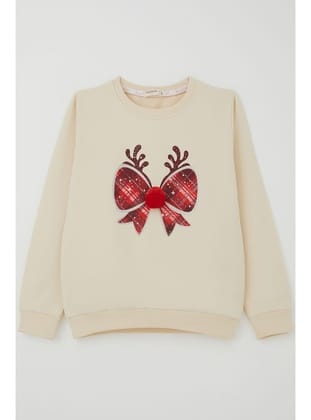 Breeze Kız Çocuk Sweatshirt Ponponlu Yılbaşı Kurdeleli 6-12 Yaş, Krem