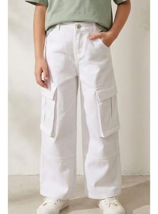 Escabel Kız Çocuk Gabardin Pantolon Kargo Cep Detaylı 5-9 Yaş, Beyaz
