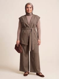 Kuşak Detaylı Kimono Pantolon Keten Büyük Beden Takım Toprak Alia