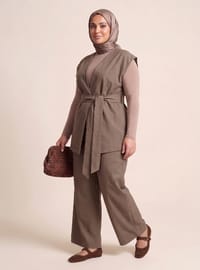 Kuşak Detaylı Kimono Pantolon Keten Büyük Beden Takım Toprak Alia