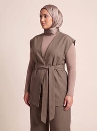 Kuşak Detaylı Kimono Pantolon Keten Büyük Beden Takım Toprak Alia