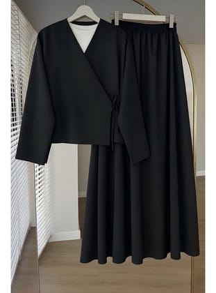 Siyah Yandan Bağlamalı Dabıl Kimono Etekli Takım