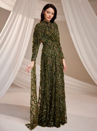 Azize Abiye Elbise - Haki - Burak Baran Fashion