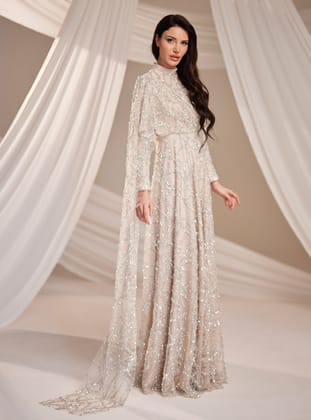 Azize Abiye Elbise - Vizon - Burak Baran Fashion