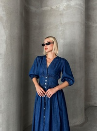 V Yaka Denim Elbise