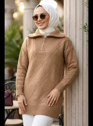 Baklava Detaylı Camel Tesettür Triko Kazak 83961C