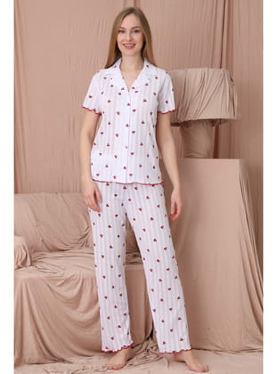 Mirano 1702 Kiraz Desenli Pointel İnce Kumaş Düğmeli Kısa Kollu Kadın Pijama Takımı