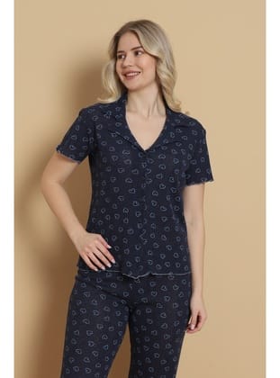 Mirano 1711 Kalp Desenli Pointel İnce Kumaş Düğmeli Kısa Kollu Kadın Pijama Takımı
