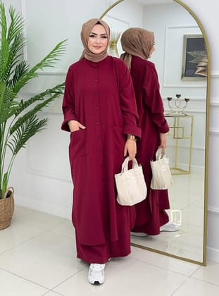 Salaş Tesettür Pantolonlu Paris Kumaş Takım - Bordo - MODANURSEDA