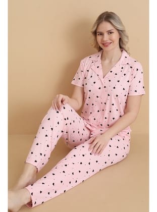 Mirano 9514 Kalpli Pembe Pegasus Kumaş Düğmeli Kısa Kolu Kadın Pijama Takımı