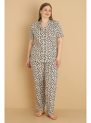 Mirano 2850 Desenli Milan Kumaş Kısa Kollu Düğmeli Büyük Beden Kadın Pijama Takımı