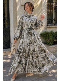 Desenli Tesettür Jessica Elbise B607 Yeşil
