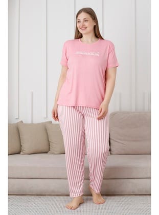 Mirano 3503 Çizgili Pijamalı Kısa Kollu Büyük Beden Pegasus Kumaş Kadın Pijama Takımı
