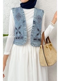 Nakışlı Denim Yelek Mavi