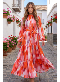Desenli Tesettür Jessica Elbise B594 Oranj