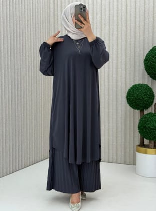 Sandy Kumaş Pliseli Pantolonlu Salaş Takım - Antrasit - MODANURSEDA