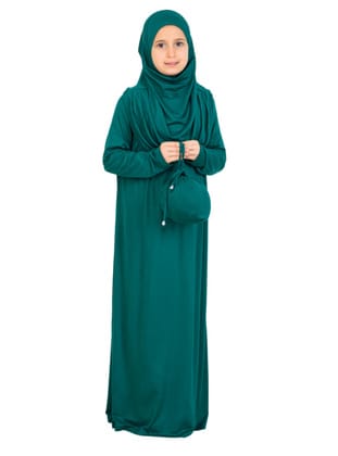 Penye Çocuk Namaz Elbisesi Çantalı Zümrüt