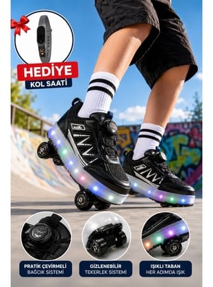 Muggo SKATE Çocuk Işıklı Patenli Tekerlekli Sneaker Spor Ayakkabı SİYAH