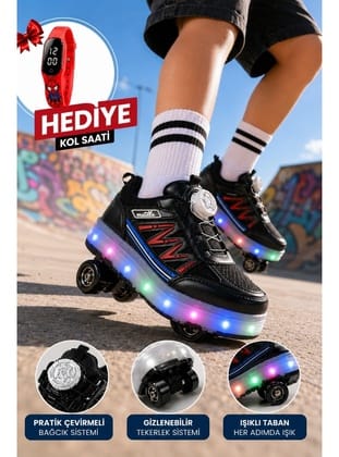 Muggo SKATE Çocuk Işıklı Patenli Tekerlekli Sneaker Spor Ayakkabı SİYAH - KIRMIZI