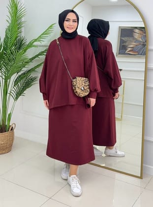 Tesettür Dabıl Kumaş Oversize Takım - Bordo - MODANURSEDA
