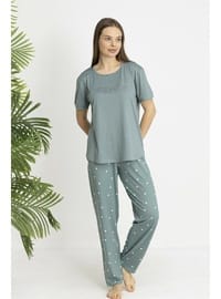 Estiva Kadın Kalp Alt Desenli Kısa Kollu Soft Pijama Takımı Yeşil