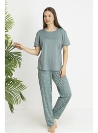 Estiva Kadın Kalp Alt Desenli Kısa Kollu Soft Pijama Takımı Yeşil