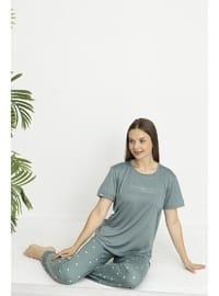 Estiva Kadın Kalp Alt Desenli Kısa Kollu Soft Pijama Takımı Yeşil