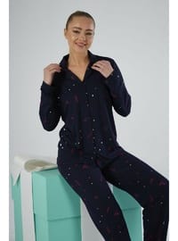 Estiva Kadın Love Desenli Lacivert Önden Düğmeli Soft Pijama Takımı