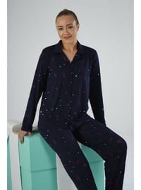 Estiva Kadın Love Desenli Lacivert Önden Düğmeli Soft Pijama Takımı