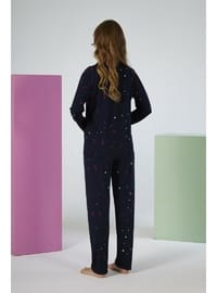 Estiva Kadın Love Desenli Lacivert Önden Düğmeli Soft Pijama Takımı