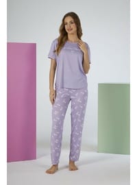 Estiva Kadın Yaprak Alt Desenli Kısa Kollu Soft Pijama Takımı LİLA