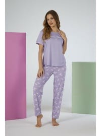 Estiva Kadın Yaprak Alt Desenli Kısa Kollu Soft Pijama Takımı LİLA
