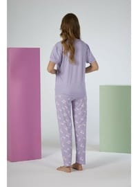Estiva Kadın Yaprak Alt Desenli Kısa Kollu Soft Pijama Takımı LİLA