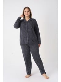 Estiva Kadın Yıldız Desenli Lacivert Önden Düğmeli Soft Battal Pijama Takımı