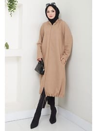 Fermuarlı Kapüşonlu Kap Camel