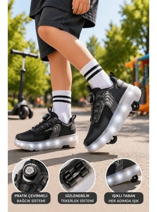 Muggo FLOW Çocuk Işıklı Patenli Tekerlekli Sneaker Spor Ayakkabı SİYAH