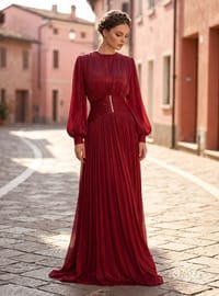 Kristal Taş Detaylı Abiye Elbise - Bordo